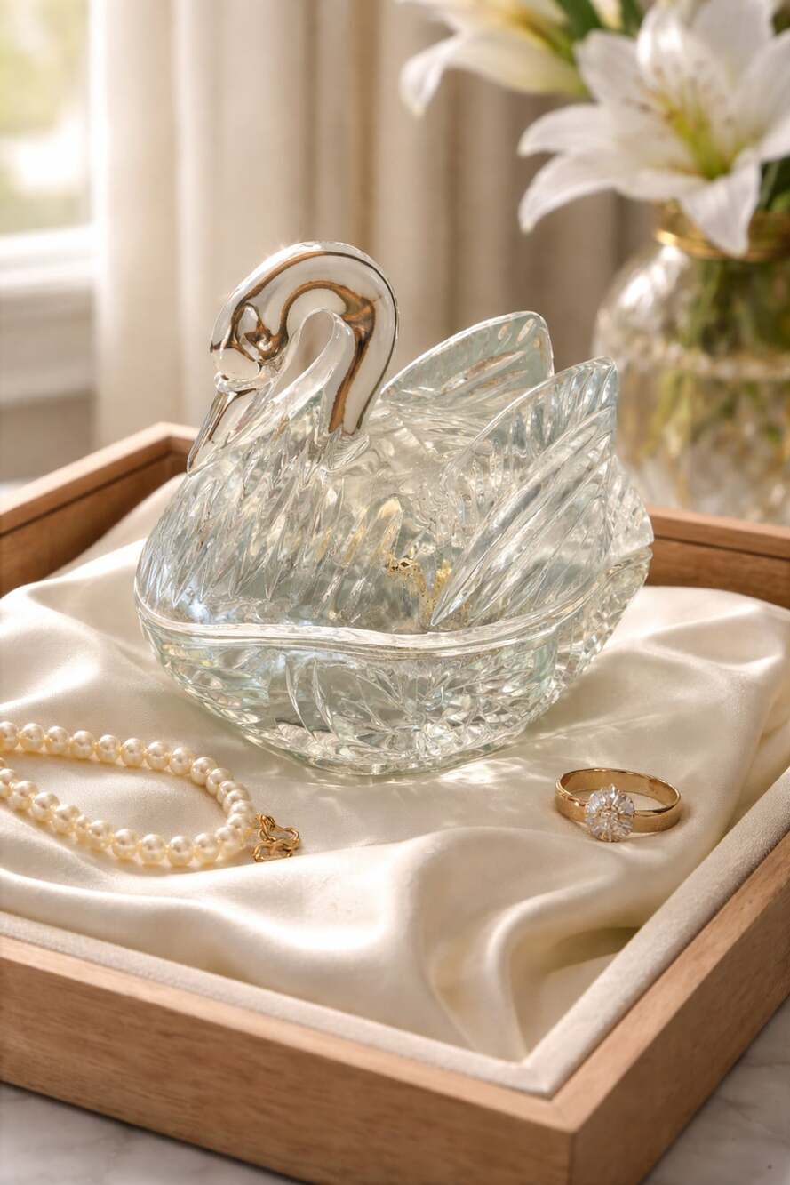 Vintage Crystal Swan Trinket Dish Lidded Bowl